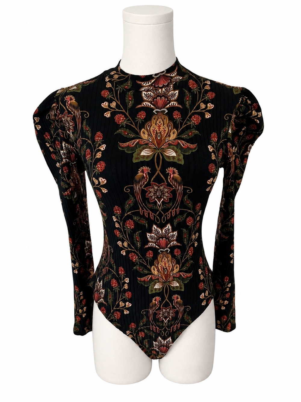 Farm Rio “Berry Garden” Floral Printed Long-Sleeve Bodysuit - Black